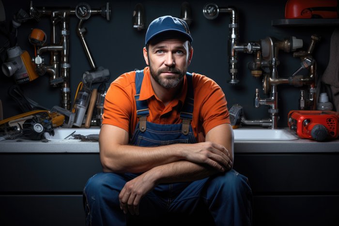 A man, a plumber, wearing an orange shirt and overalls, sitting on a bench.