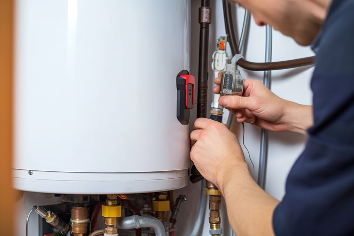 A man working on a water heater in a kitchen.