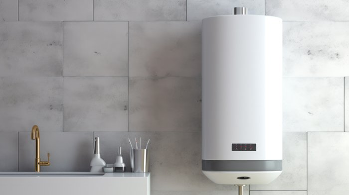 A white water heater installed in a clean, modern bathroom setting, showcasing its sleek design and functionality.