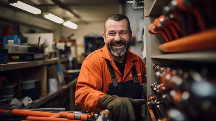 A smiling plumber in an orange shirt inside a warehouse.