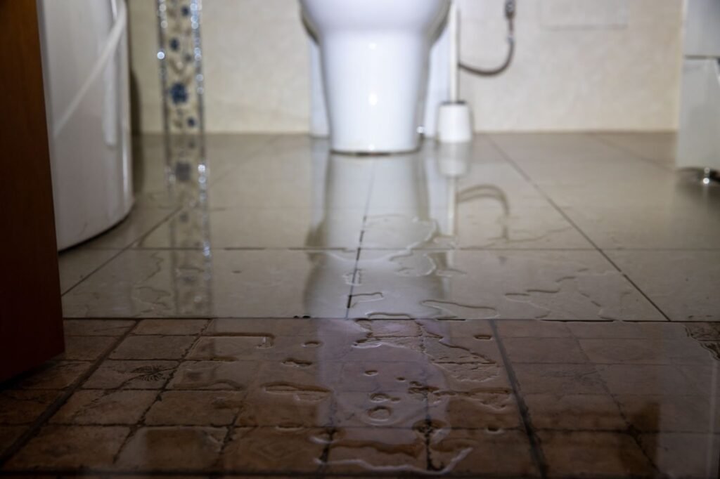 A bathroom with a toilet and shower, showcasing plumbing problems, a leaky faucet, and hard water stains