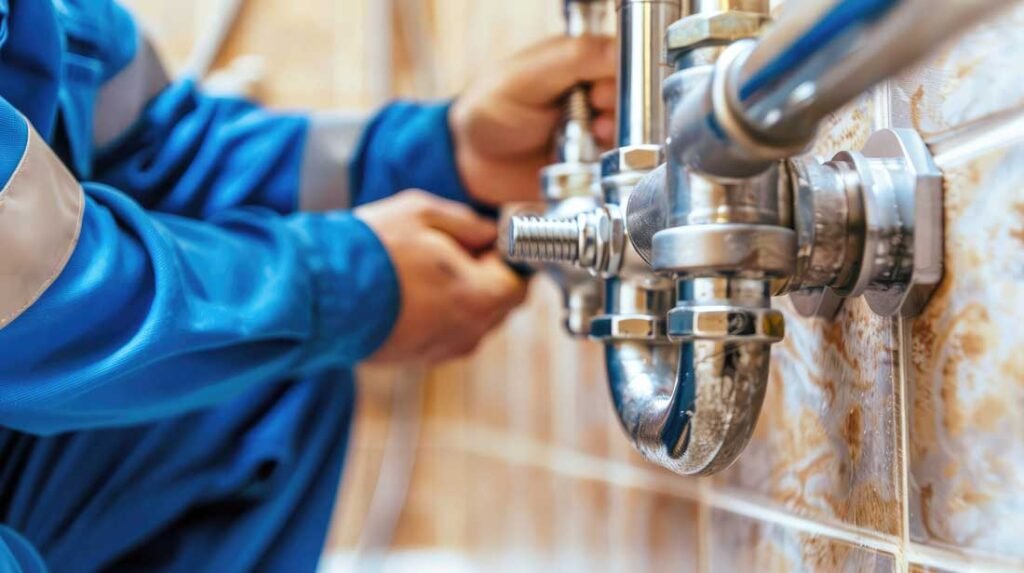 A plumber repairs a pipe in a bathroom, ensuring proper water flow and preventing leaks.