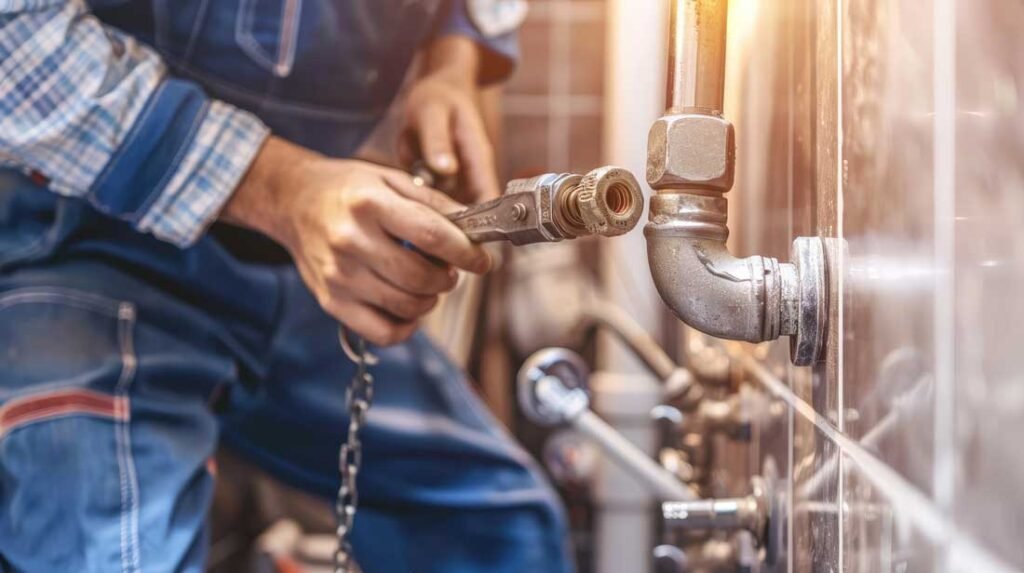 A plumber repairs a pipe in a bathroom, ensuring proper functionality and preventing leaks.