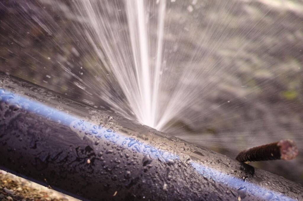 Water is being sprayed from a pipe, forming a fine mist around it