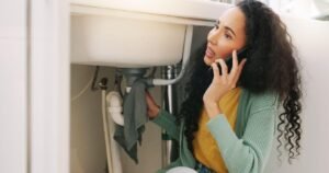 A woman sitting on a sink, speaking on the phone, showcasing a casual and engaged expression