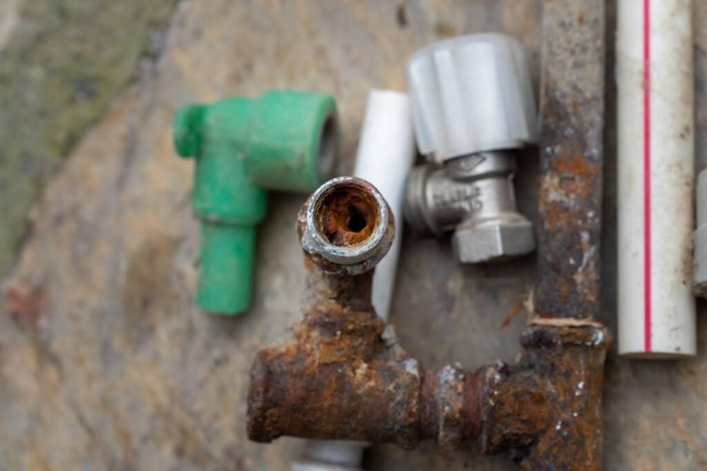 Old rusty pipes and fittings scattered on a weathered concrete floor