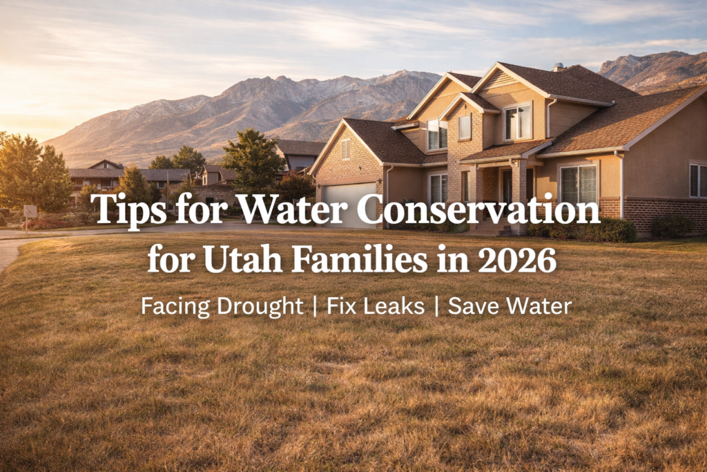 Tips for water conservation for Utah families shown on a suburban home with dry lawn and mountain backdrop during drought conditions.