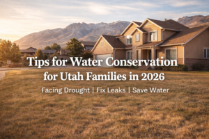 Tips for water conservation for Utah families shown on a suburban home with dry lawn and mountain backdrop during drought conditions.